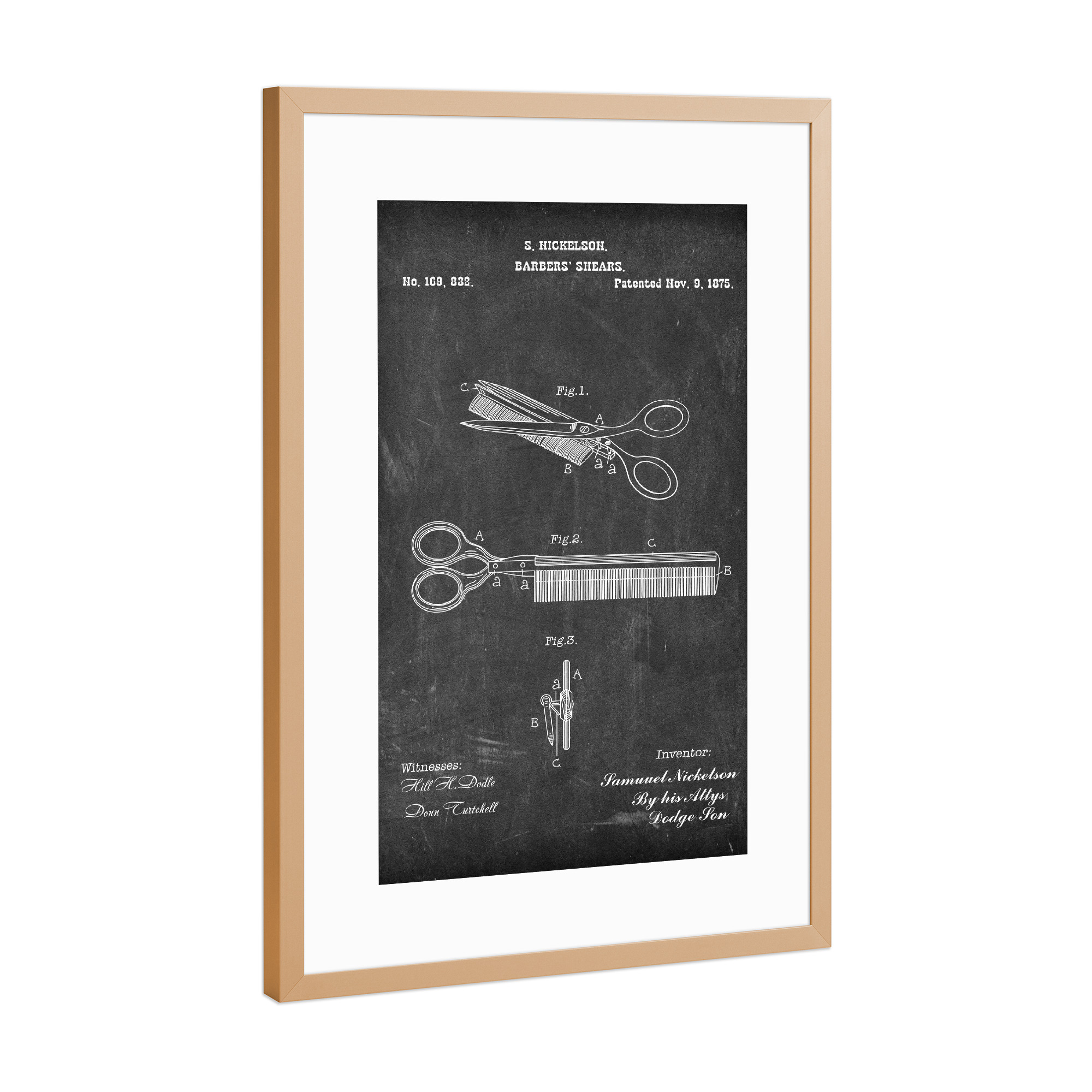 Poster mit Rahmen Kupfer "Friseurschere Tafel" artboxONE - Schwarzweiß,Fashion - Friseur,Barber,Vintage,Haar,Scheere