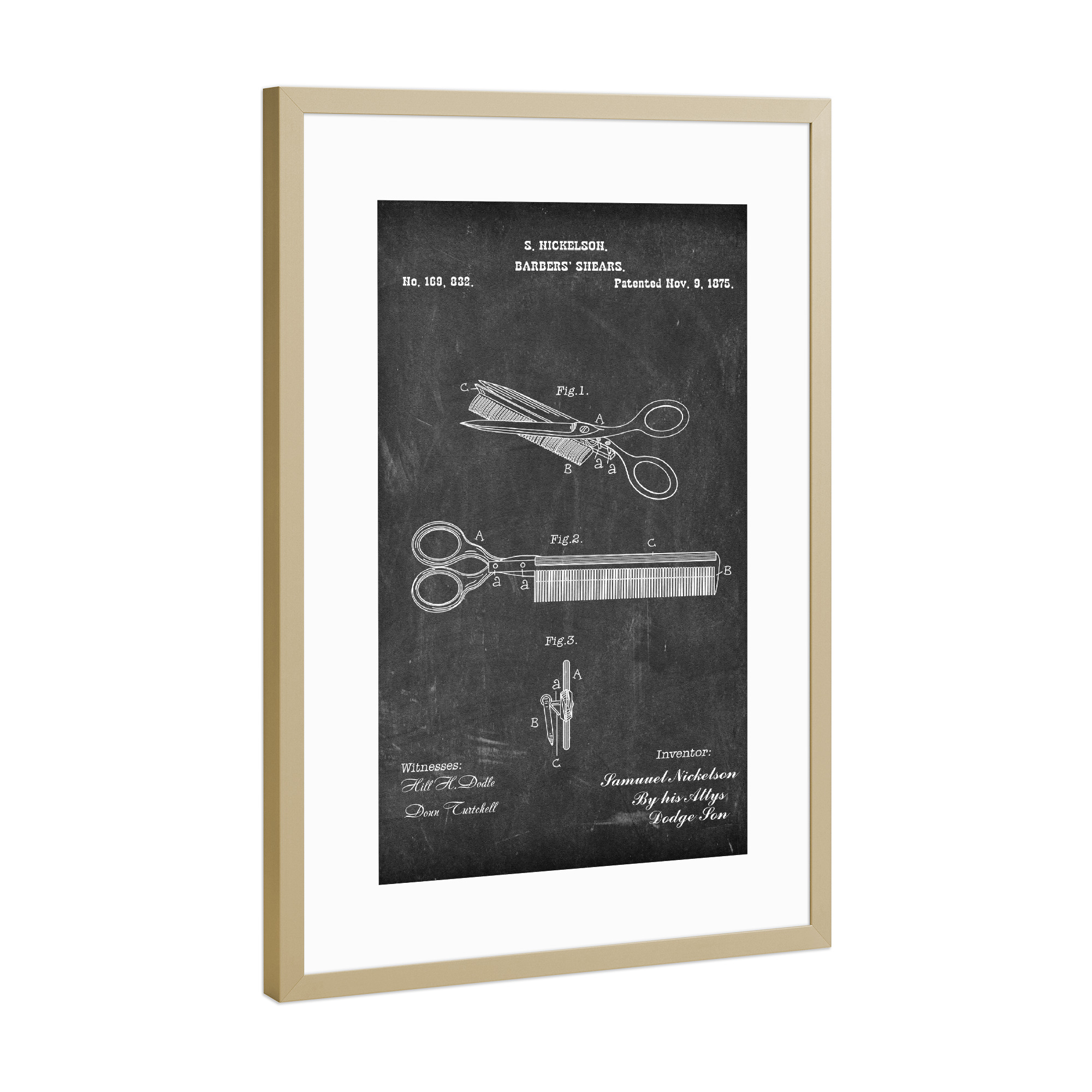 Poster mit Rahmen Gold "Friseurschere Tafel" artboxONE - Schwarzweiß,Fashion - Friseur,Barber,Vintage,Haar,Scheere