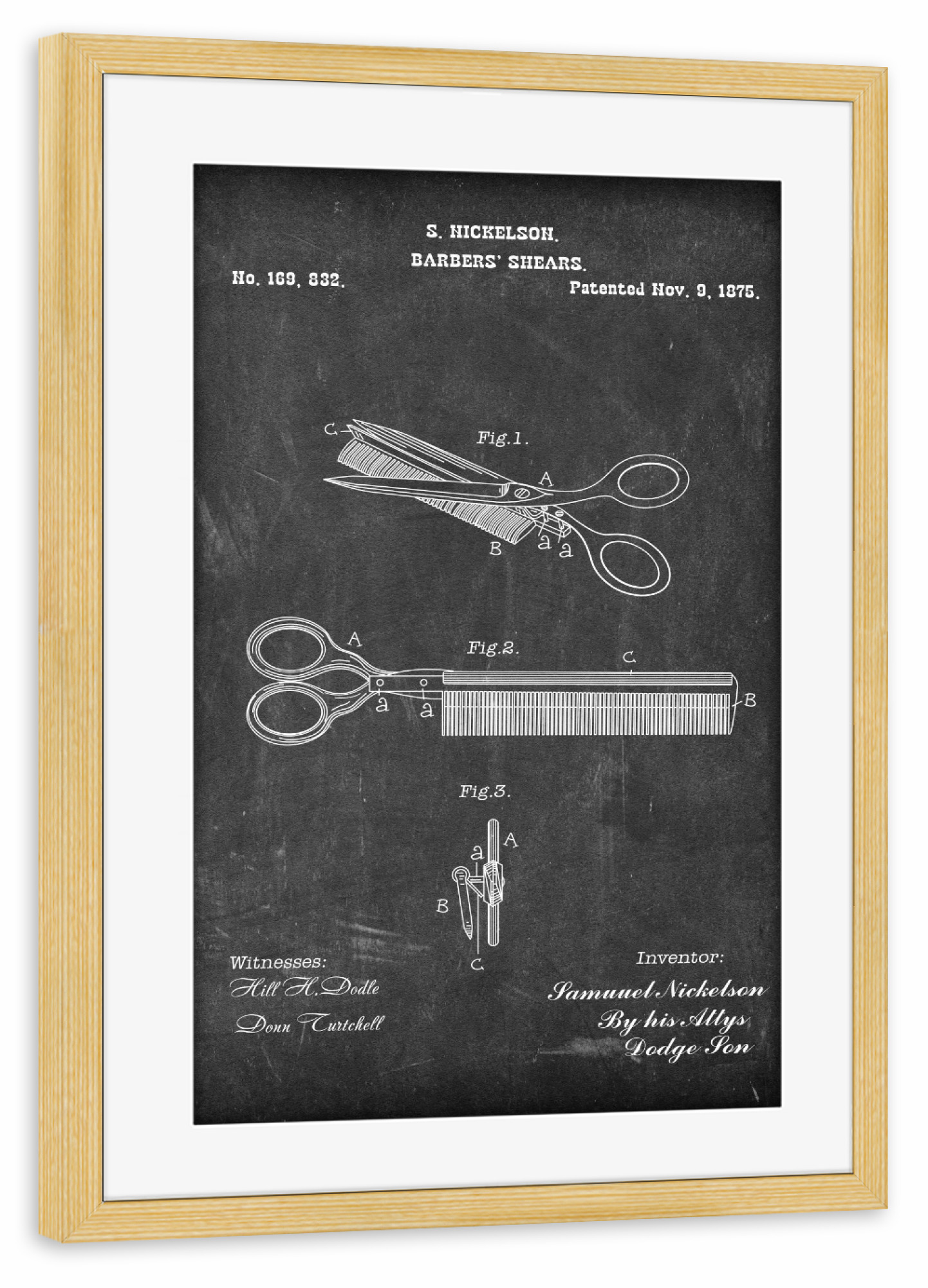 Poster mit Rahmen kiefer "Friseurschere Tafel" artboxONE - Schwarzweiß,Fashion - Friseur,Barber,Vintage,Haar,Scheere