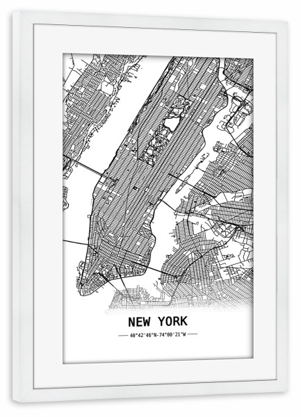 Poster mit Rahmen weiß "New York Retro Map" artboxONE - Städte,Städte / New York,Schwarzweiß,Kartografie - Retro,Map,New york