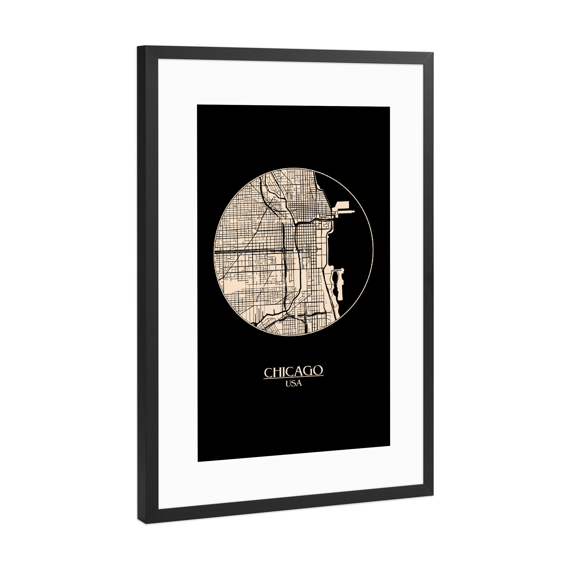 Poster mit Rahmen Schwarz (Metallic) "Retro Map Chicago Round" artboxONE - Städte,Städte / Chicago,Kartografie - Chicago,Retro,Map