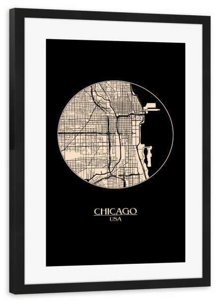 Poster mit Rahmen schwarz "Retro Map Chicago Round" artboxONE - Städte,Städte / Chicago,Kartografie - Chicago,Retro,Map