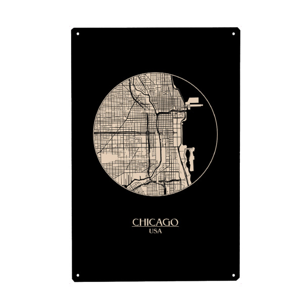 Holzbild "Retro Map Chicago Round" artboxONE - Städte,Städte / Chicago,Kartografie - Chicago,Retro,Map