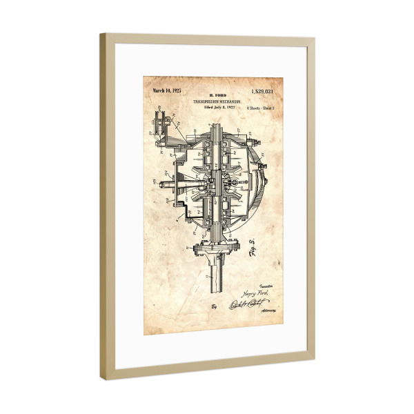 Poster mit Rahmen Gold "Auto Getriebe (Antik)" artboxONE - Automobile - Retro,Auto,Motor,Getriebe