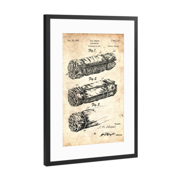 Poster mit Rahmen Schwarz (Metallic) "Schlafsack Patet (Antik)" artboxONE - Reise - Reise,Retro,Vintage,Zelten,Schlafsack