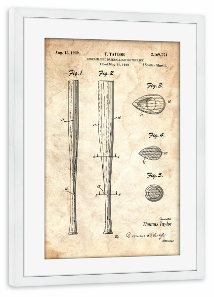 Poster mit Rahmen weiß "Baseballschläger Patent (Antik)" artboxONE - Sport - Sport,Baseball,Vintage,Patent,Usa,Fitness