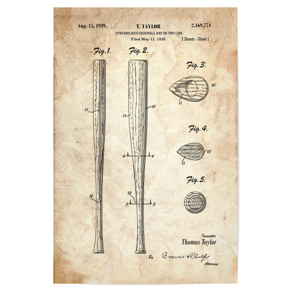 Poster "Baseballschläger Patent (Antik)" artboxONE - Sport - Sport,Baseball,Vintage,Patent,Usa,Fitness