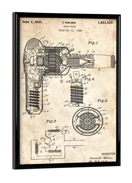Poster mit schwarzem Rahmen "Haartrockner Patent (Antik)" artboxONE - Fashion,Streetart - Patent,Haar,Haartrockner,Fön,Föhn