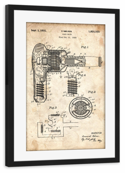 Poster mit Rahmen schwarz "Haartrockner Patent (Antik)" artboxONE - Fashion,Streetart - Patent,Haar,Haartrockner,Fön,Föhn