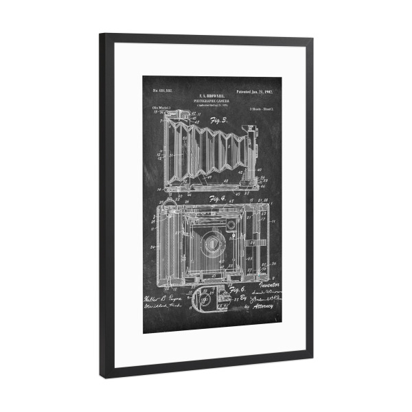 Poster mit Rahmen Schwarz (Metallic) "Retro Kamera Patent III (Tafel)" artboxONE - Reise,Film,Schwarzweiß,Streetart