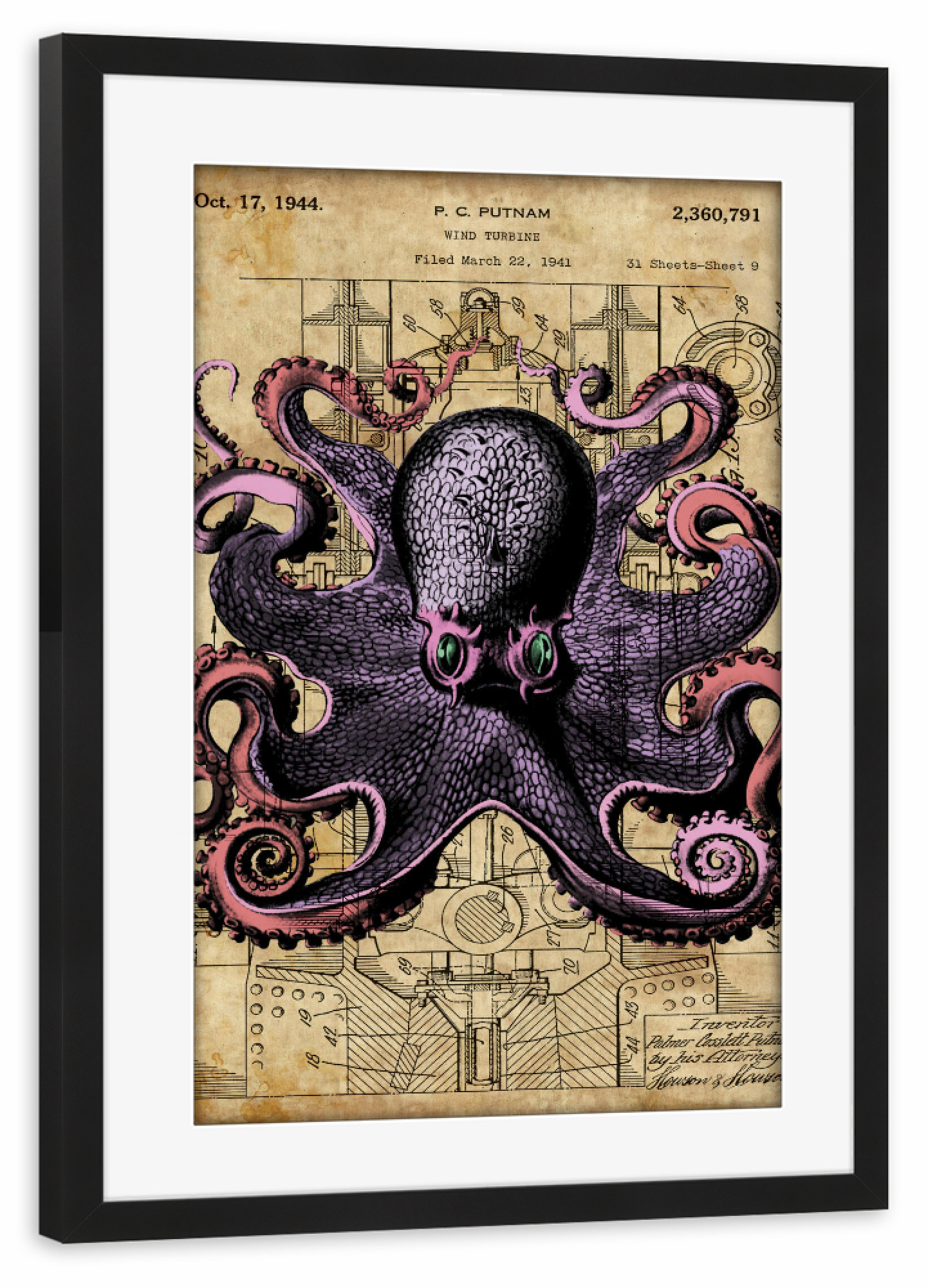 Poster mit Rahmen schwarz "Steampunk Tintenfisch" artboxONE - Tiere - Tintenfisch,Krake,Tier,Meer