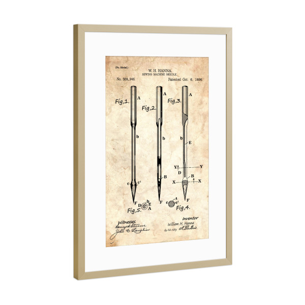 Poster mit Rahmen Gold "Nadel Patent (Antik)" artboxONE - Fashion - Retro,Vintage,Nadel,Patent,Nähen,Schneidern,Fashion