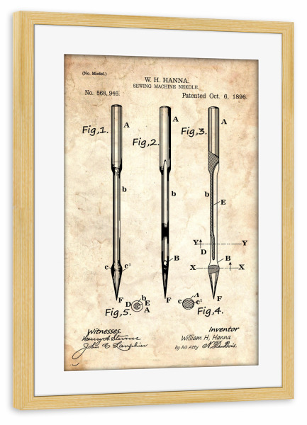 Poster mit Rahmen kiefer "Nadel Patent (Antik)" artboxONE - Fashion - Retro,Vintage,Nadel,Patent,Nähen,Schneidern,Fashion