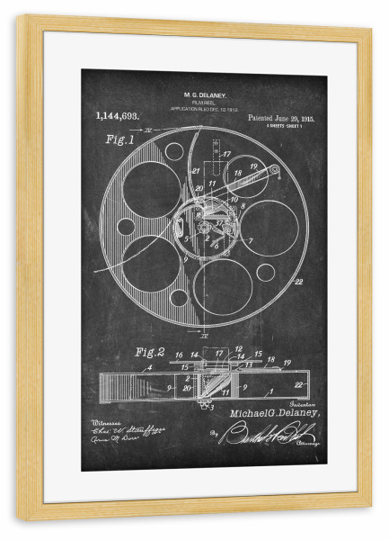 Poster mit Rahmen kiefer "Filmrolle Patent (Tafel)" artboxONE - Film,Schwarzweiß - Filmrolle,Kino,Movies,Film,Retro,Patent