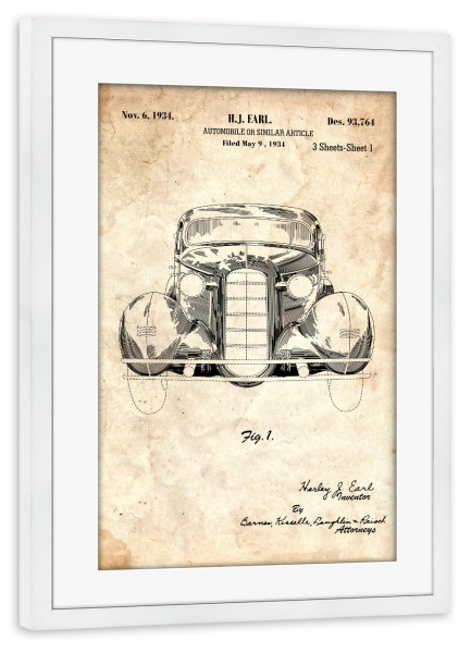 Poster mit Rahmen weiß "Retro Auto (Antik)" artboxONE - Automobile - Retro,Auto,Vintage,Patent,Fahrzeug,Motor