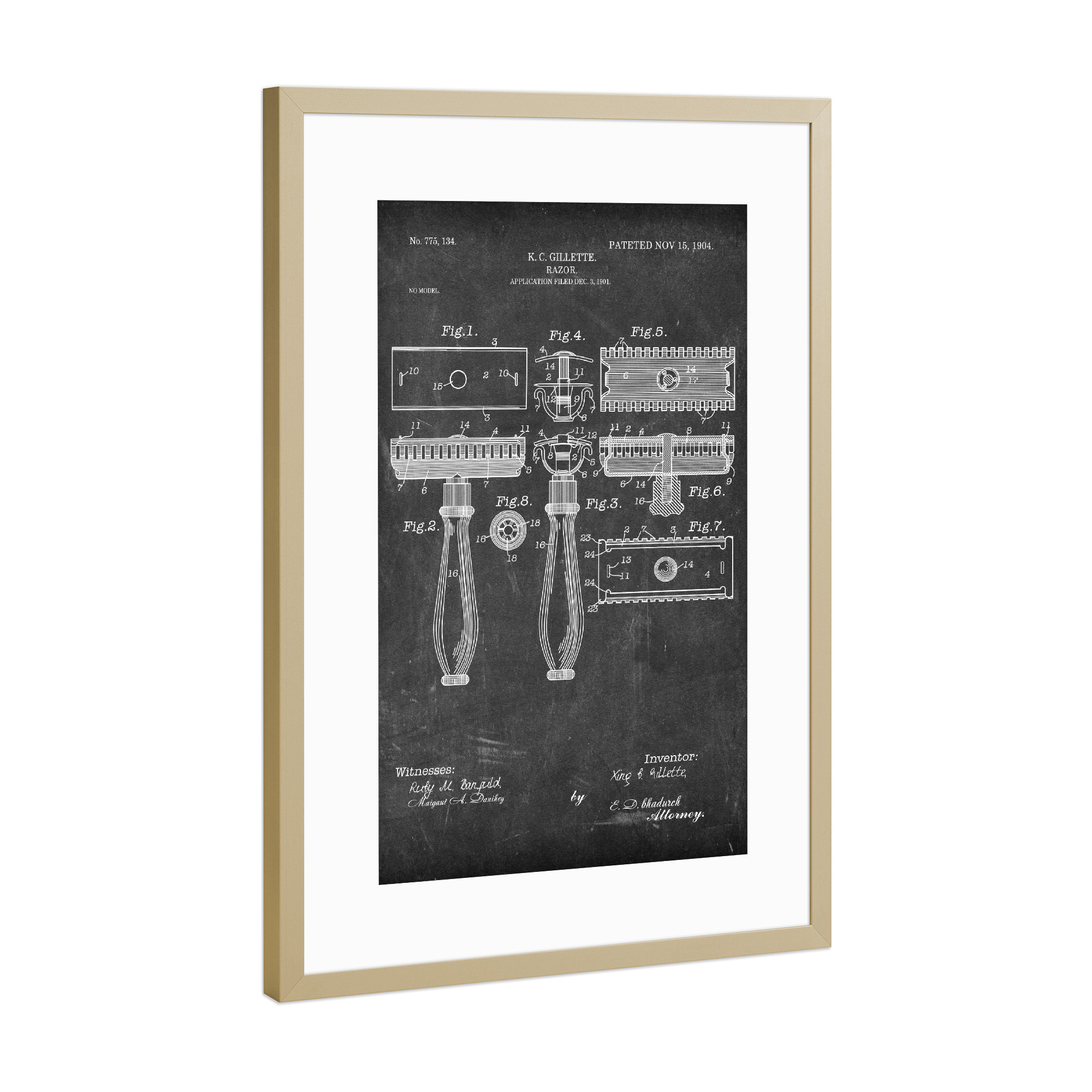 Poster mit Rahmen Gold "Rasierhobel Patent (Tafel)" artboxONE - Schwarzweiß,Fashion,Streetart - Barbier,Patent,Retro,Haar,Schönheit