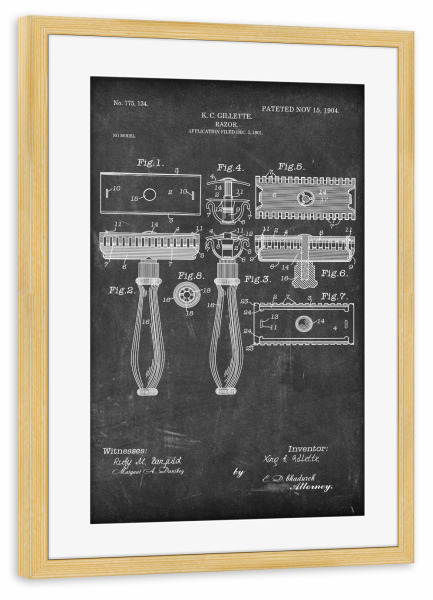 Poster mit Rahmen kiefer "Rasierhobel Patent (Tafel)" artboxONE - Schwarzweiß,Fashion,Streetart - Barbier,Patent,Retro,Haar,Schönheit