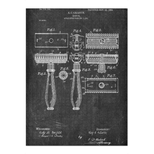 Puzzle Ravensburger "Rasierhobel Patent (Tafel)" artboxONE - Schwarzweiß,Fashion,Streetart - Barbier,Patent,Retro,Haar,Schönheit - Bild barbier