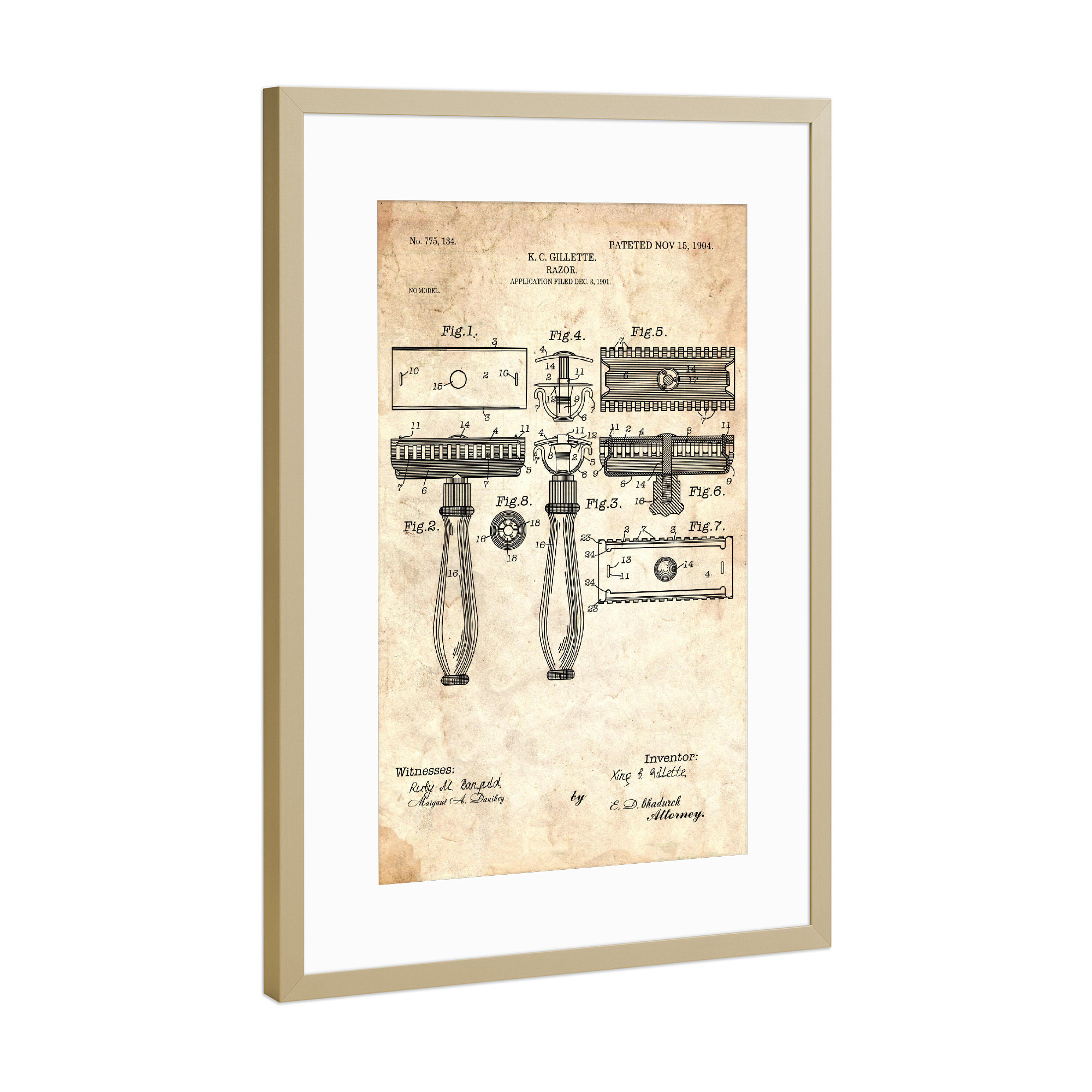 Poster mit Rahmen Gold "Rasierhobel Patent (Antik)" artboxONE - Schwarzweiß,Fashion,Streetart