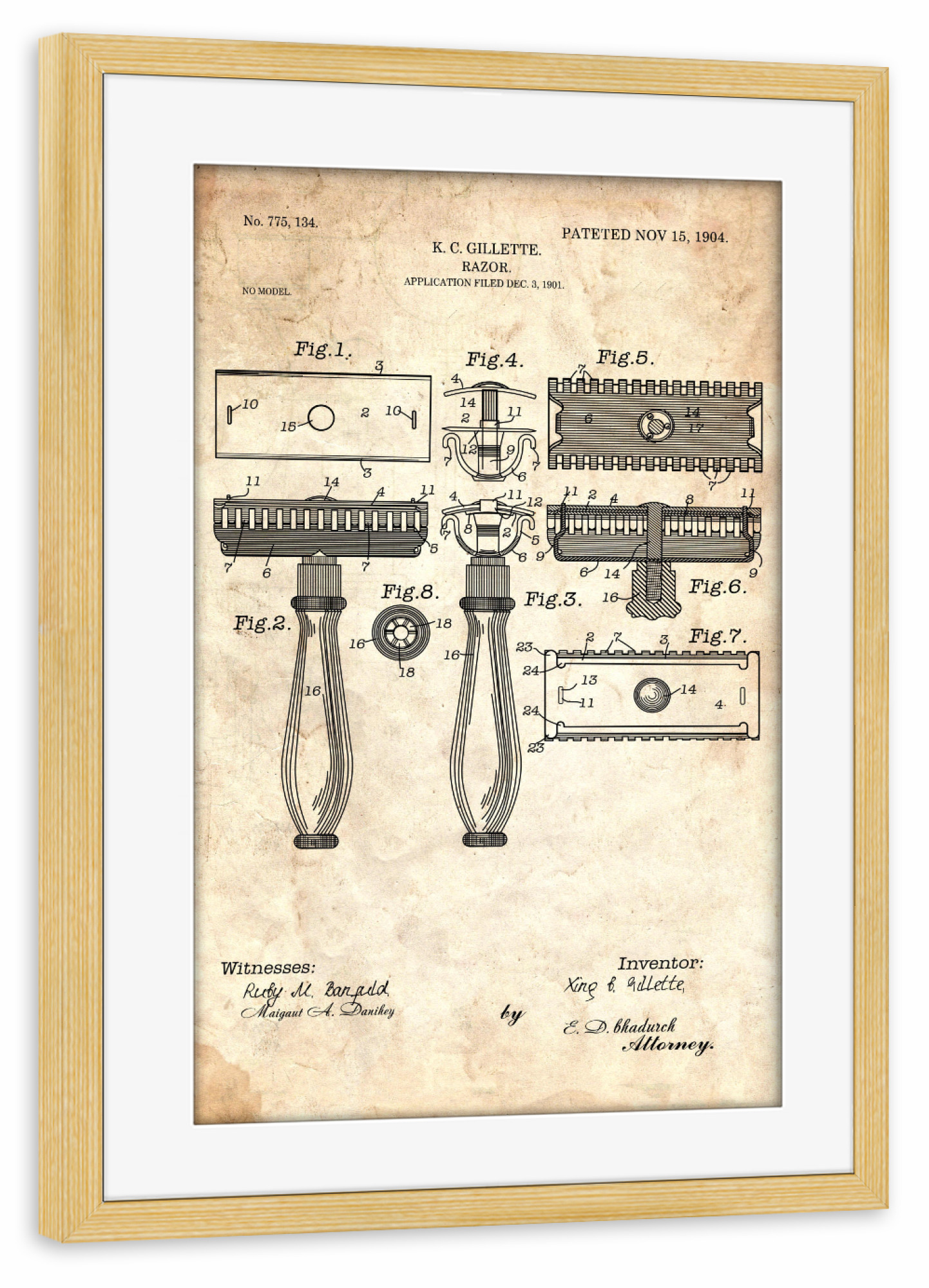Poster mit Rahmen kiefer "Rasierhobel Patent (Antik)" artboxONE - Schwarzweiß,Fashion,Streetart