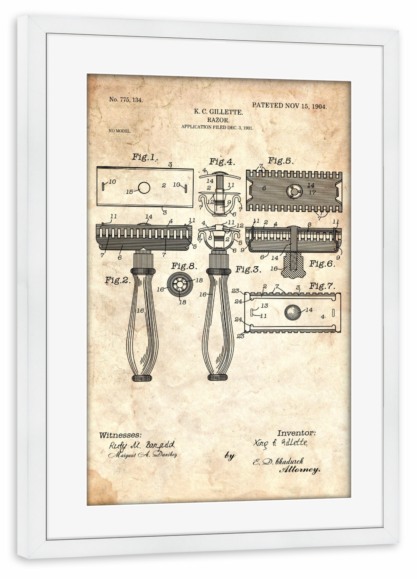Poster mit Rahmen weiß "Rasierhobel Patent (Antik)" artboxONE - Schwarzweiß,Fashion,Streetart