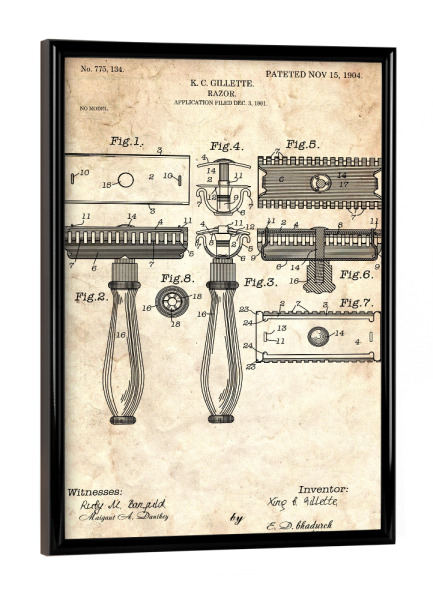 Poster mit schwarzem Rahmen "Rasierhobel Patent (Antik)" artboxONE - Schwarzweiß,Fashion,Streetart