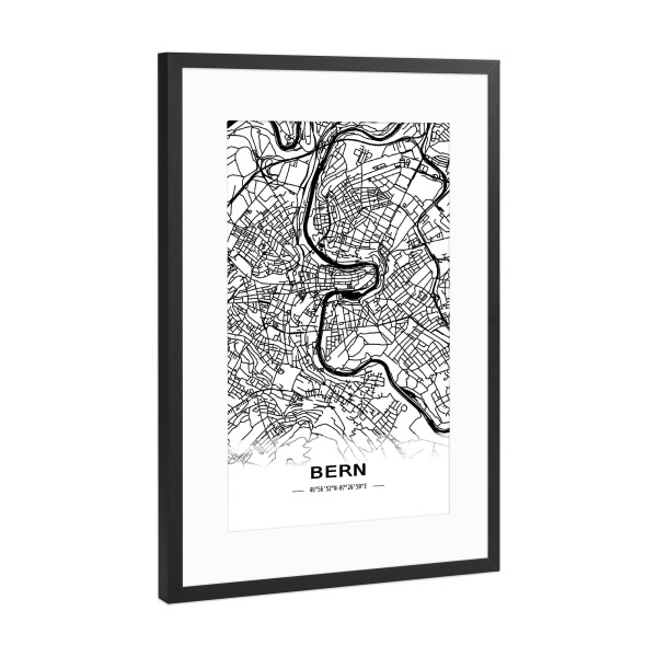 Poster mit Rahmen Schwarz (Metallic) "Bern Retro Map" artboxONE - Städte,Schwarzweiß,Kartografie - Retro,Map,Bern