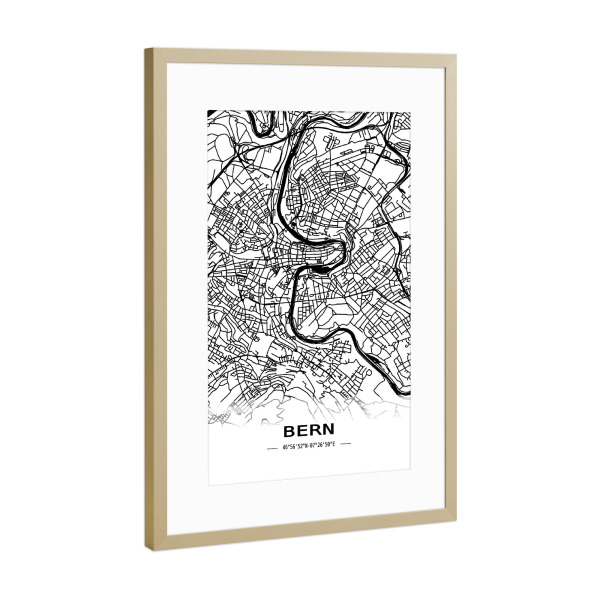 Poster mit Rahmen Gold "Bern Retro Map" artboxONE - Städte,Schwarzweiß,Kartografie - Retro,Map,Bern