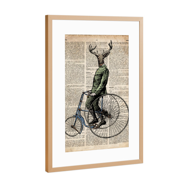 Poster mit Rahmen Kupfer "Hirsch auf einem Fahrrad" artboxONE - Tiere - Tier,Wörterbuch,Antik,Vintage,Hirsch,Steampunk,Fahrrad,Wald,Viktorianisch