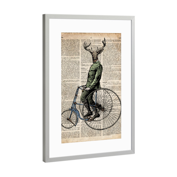 Poster mit Rahmen Silber "Hirsch auf einem Fahrrad" artboxONE - Tiere - Tier,Wörterbuch,Antik,Vintage,Hirsch,Steampunk,Fahrrad,Wald,Viktorianisch