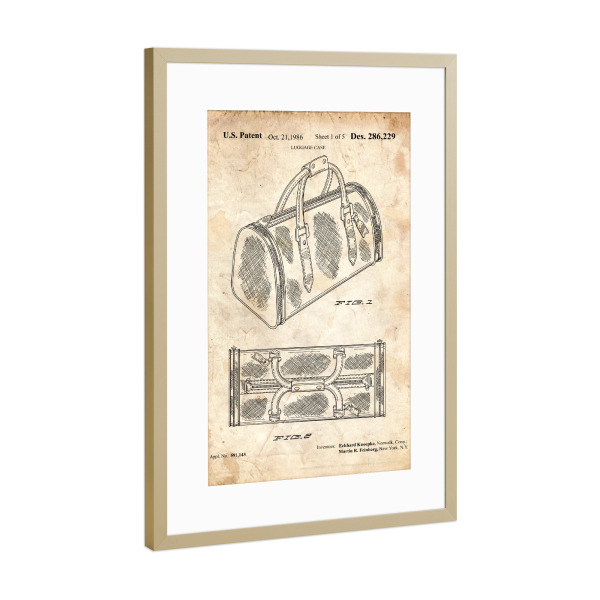 Poster mit Rahmen Gold "Antike Gepäcktasche Patent" artboxONE - Reise - Reise,Travel,Entwurf,Patnt,Retro,Camping,Wandern,Gepäck,Tasche,Blaupause