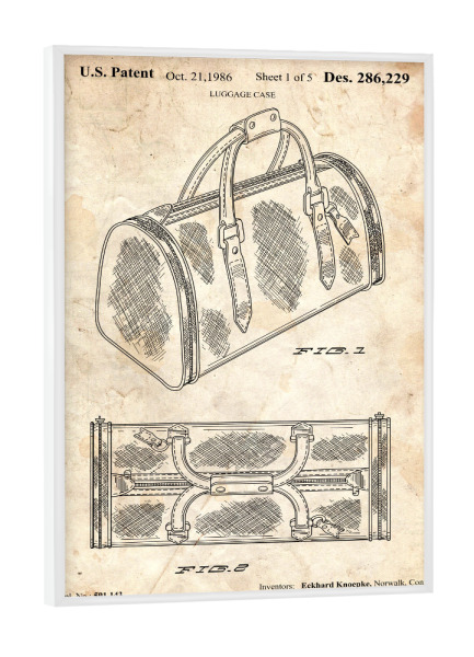 Poster mit weißem Rahmen "Antike Gepäcktasche Patent" artboxONE - Reise - Reise,Travel,Entwurf,Patnt,Retro,Camping,Wandern,Gepäck,Tasche,Blaupause