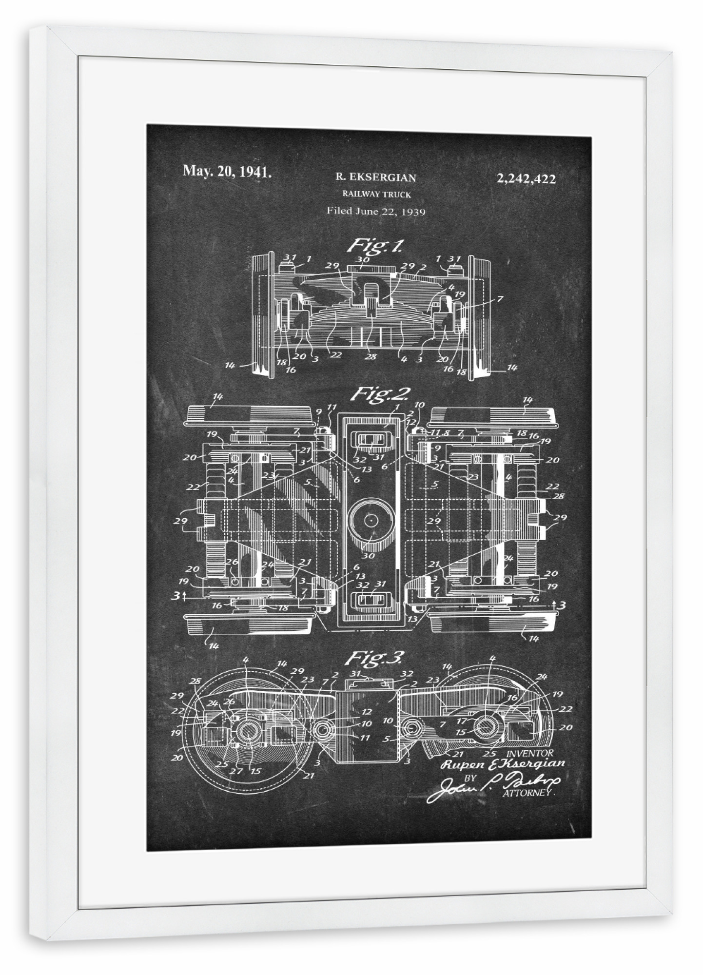 Poster mit Rahmen weiß "Eisenbahnrad patent (Tafel)" artboxONE - Reise,Schwarzweiß,Für Papa