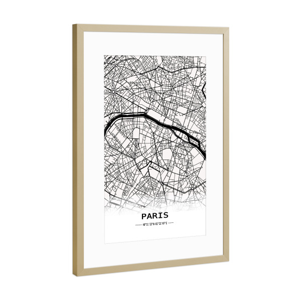 Poster mit Rahmen Gold "Paris Retro Map" artboxONE - Städte,Schwarzweiß,Städte / Paris,Kartografie - Retro,Map,Paris,Frankreich,Eifelturm,City of love