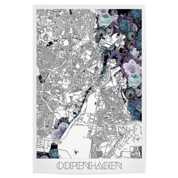 Poster "Copenhagen city map floral" artboxONE - Städte,Typografie,Reise,Schwarzweiß,Städte / København,Kartografie