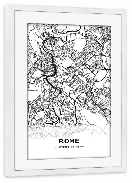 Poster mit Rahmen weiß "Rome Retro Map" artboxONE - Städte,Schwarzweiß,Städte / Rom,Kartografie - Retro,Map,Rome,Italy,Bella italia