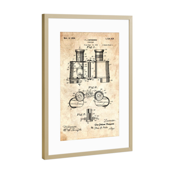 Poster mit Rahmen Gold "Fernglas Patent (Antik)" artboxONE - Reise,Reise / Strand und Meer,Für Papa