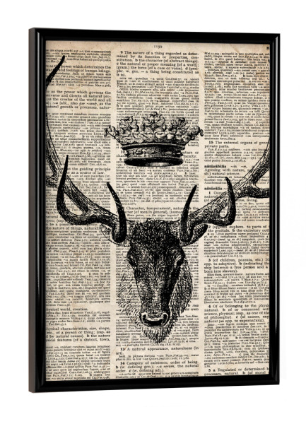 Poster mit schwarzem Rahmen "Hirsch und eine Krone" artboxONE - Tiere,Schwarzweiß - Tier,Wörterbuch,Antik,Vintage,Hirsch,Krone