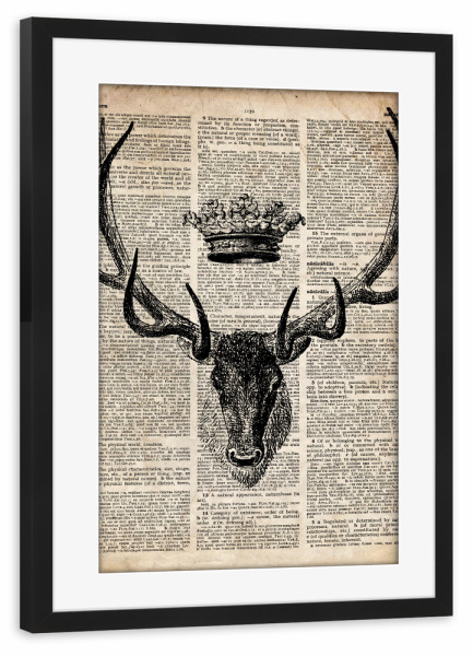 Poster mit Rahmen schwarz "Hirsch und eine Krone" artboxONE - Tiere,Schwarzweiß - Tier,Wörterbuch,Antik,Vintage,Hirsch,Krone