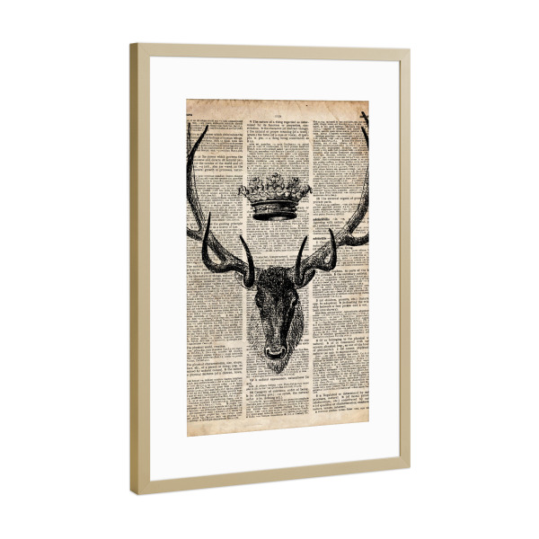 Poster mit Rahmen Gold "Hirsch und eine Krone" artboxONE - Tiere,Schwarzweiß - Tier,Wörterbuch,Antik,Vintage,Hirsch,Krone