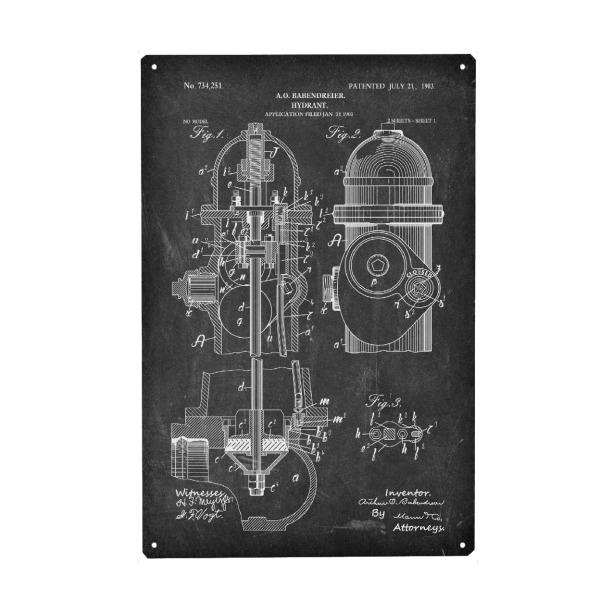 Metall Poster "Hydrant Patent (Tafel)" artboxONE - Schwarzweiß,Streetart,Für Papa,Männer - Feuerwehr,Blaupause,Entwurf,Retro,Vintage,Patent,Erfinder