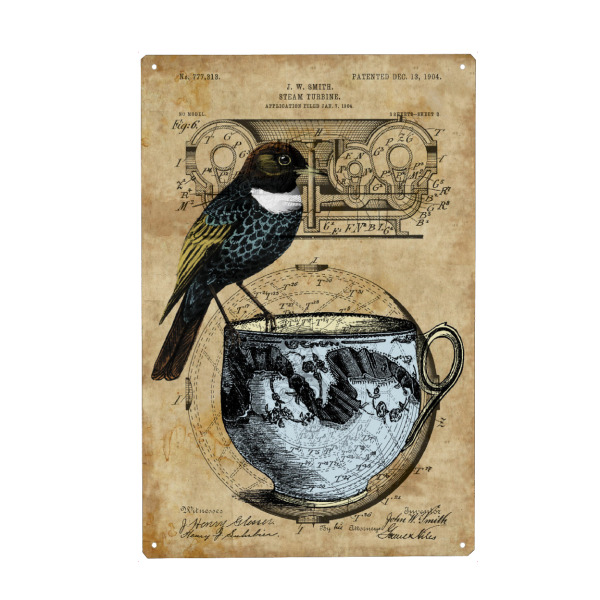 Holzbild "Vogel auf einer Tasse" artboxONE - Tiere - Vogel,Tier,Antik,Vintage,Tasse