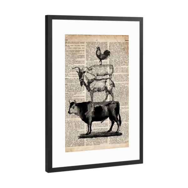 Poster mit Rahmen Schwarz (Metallic) "Nutztiere - Wörterbuch" artboxONE - Tiere,Schwarzweiß - Tier,Wörterbuch,Vintage,Nutztiere,Schwein,Ziege,Kuh,Hahn