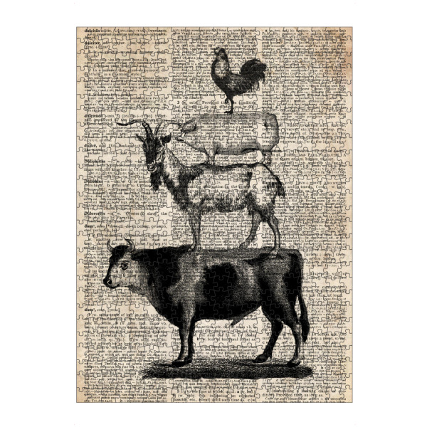 artboxONE Puzzle "Nutztiere - Wörterbuch" artboxONE - Tiere,Schwarzweiß - Tier,Wörterbuch,Vintage,Nutztiere,Schwein,Ziege,Kuh,Hahn - Bild tier