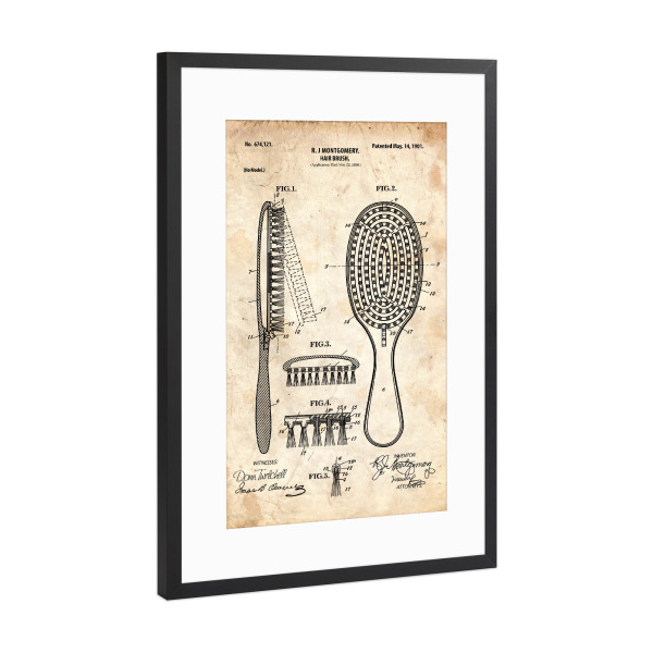 Poster mit Rahmen Schwarz (Metallic) "Haarbürste Patent (Antik)" artboxONE - Fashion - Friseur,Barbier,Barber,Patent,Retro,Haar,Schönheit,Bürste