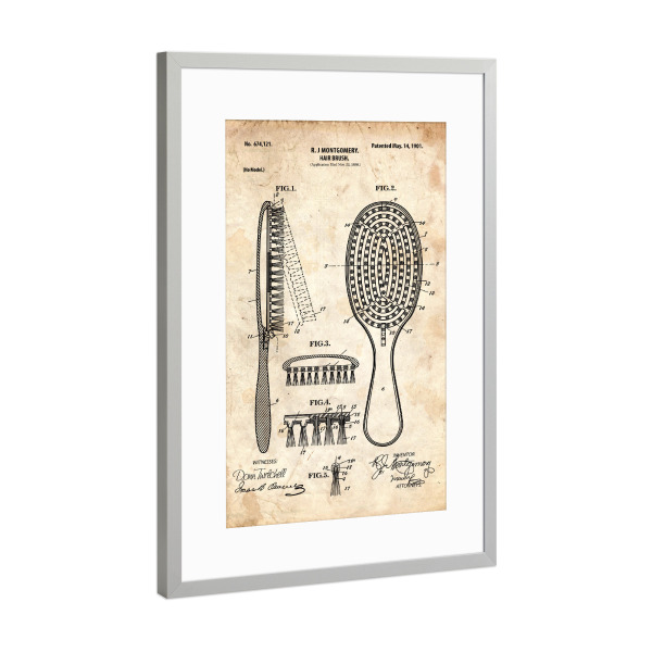Poster mit Rahmen Silber "Haarbürste Patent (Antik)" artboxONE - Fashion - Friseur,Barbier,Barber,Patent,Retro,Haar,Schönheit,Bürste