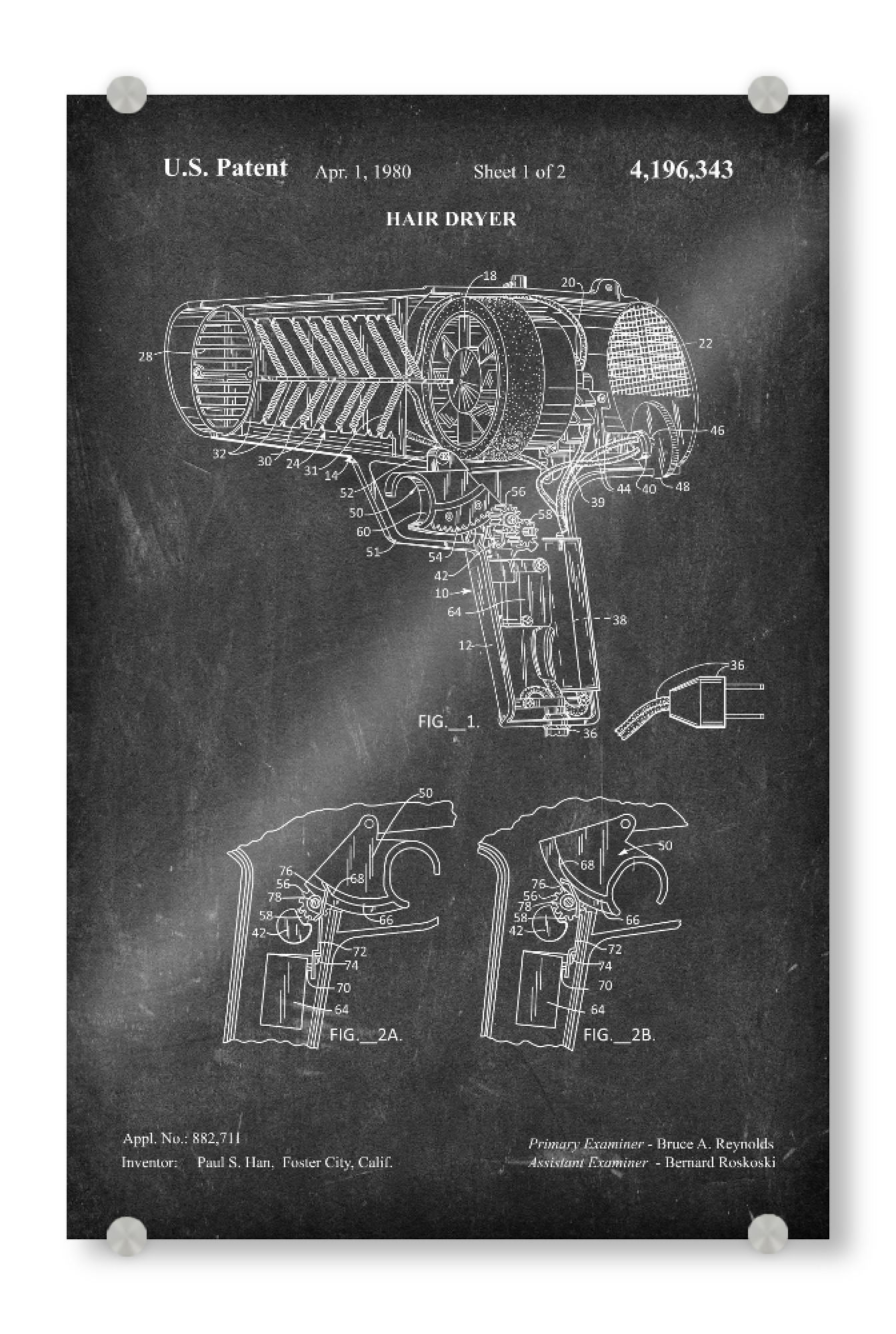 Acrylglasbild "Fön Patent (Tafel)" artboxONE - Schwarzweiß,Fashion - Barbier,Barber,Herrenfriseur,Patent,Retro,Haar,Haartrockner,Fön,Föhn