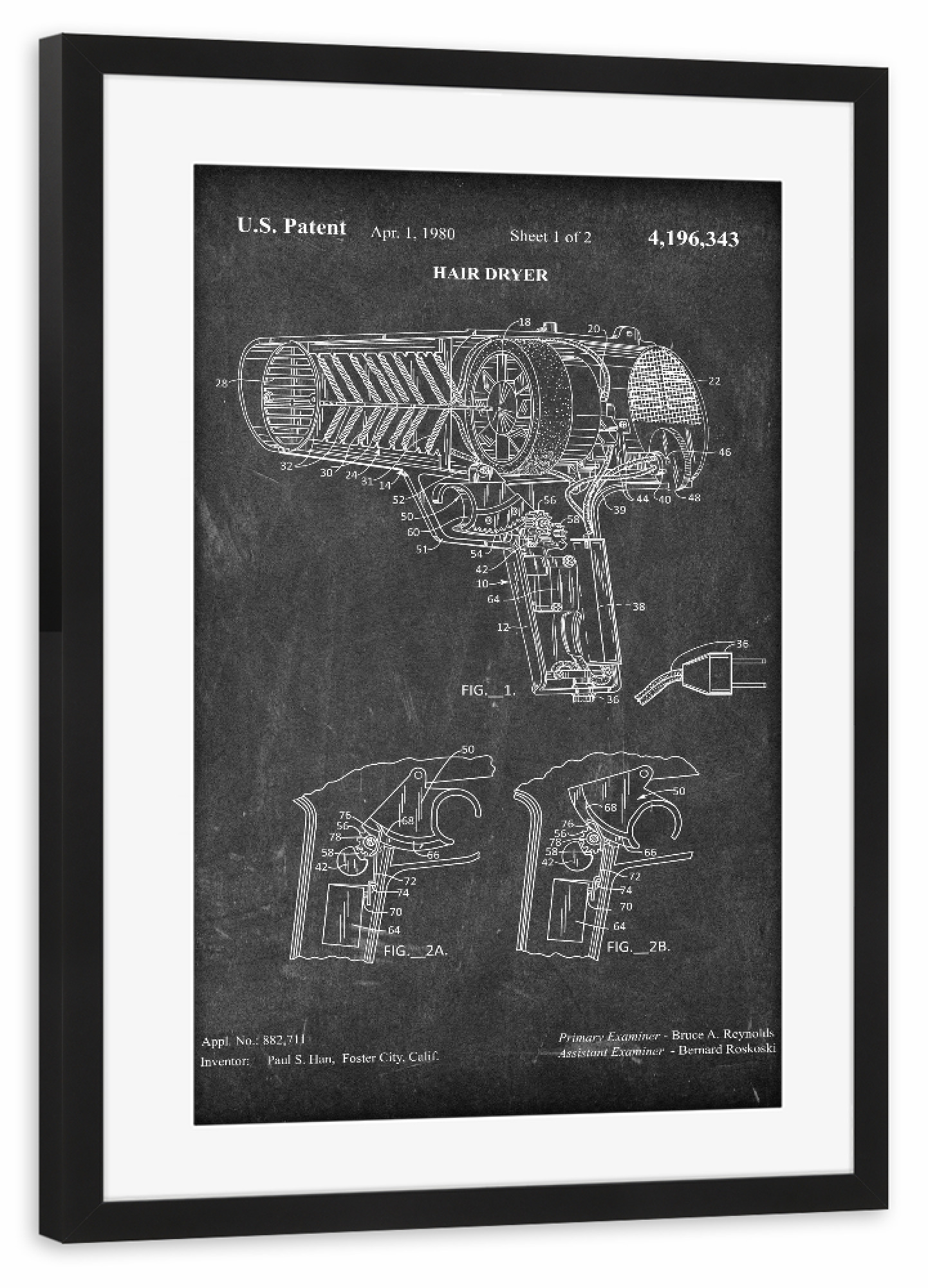 Poster mit Rahmen schwarz "Fön Patent (Tafel)" artboxONE - Schwarzweiß,Fashion - Barbier,Barber,Herrenfriseur,Patent,Retro,Haar,Haartrockner,Fön,Föhn