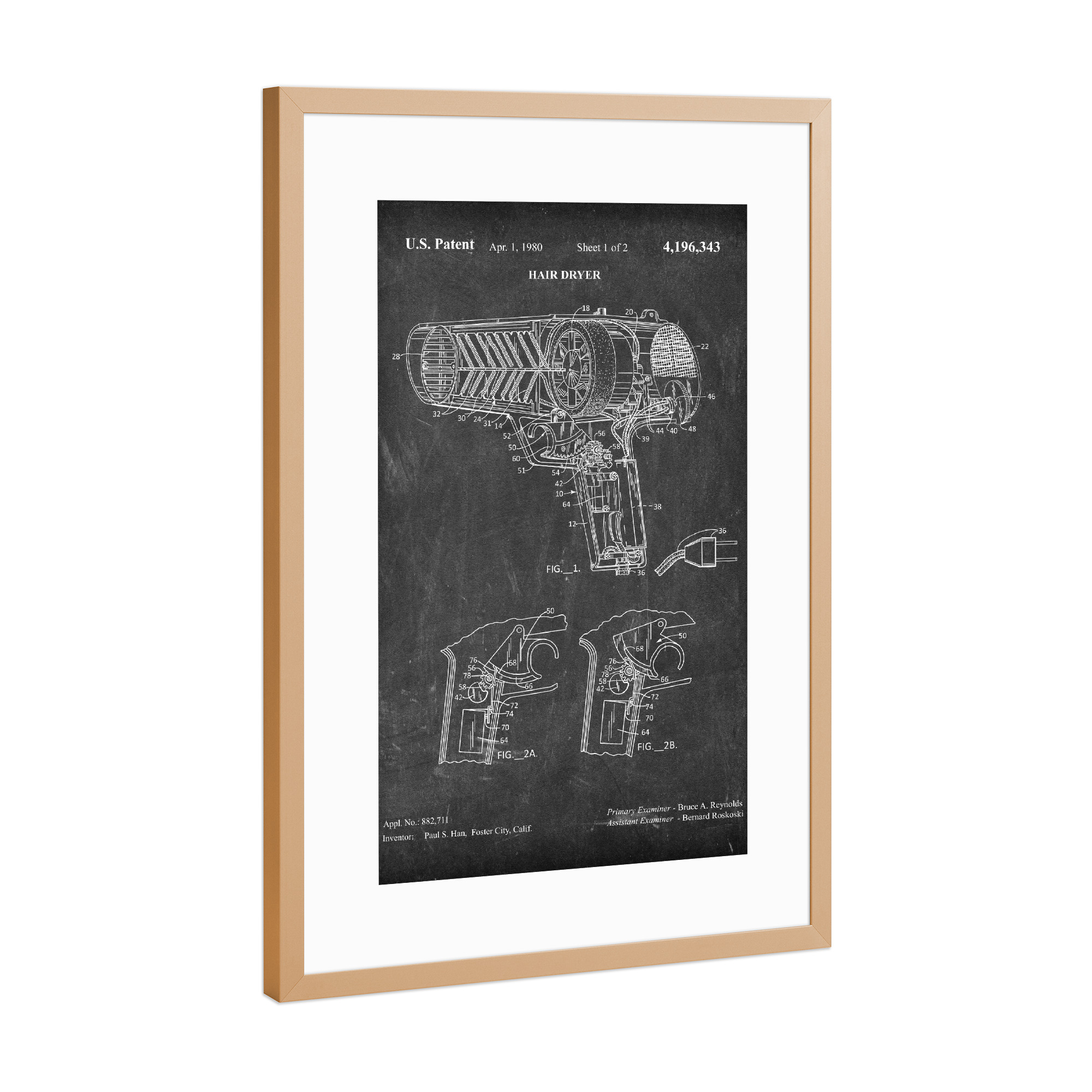 Poster mit Rahmen Kupfer "Fön Patent (Tafel)" artboxONE - Schwarzweiß,Fashion - Barbier,Barber,Herrenfriseur,Patent,Retro,Haar,Haartrockner,Fön,Föhn