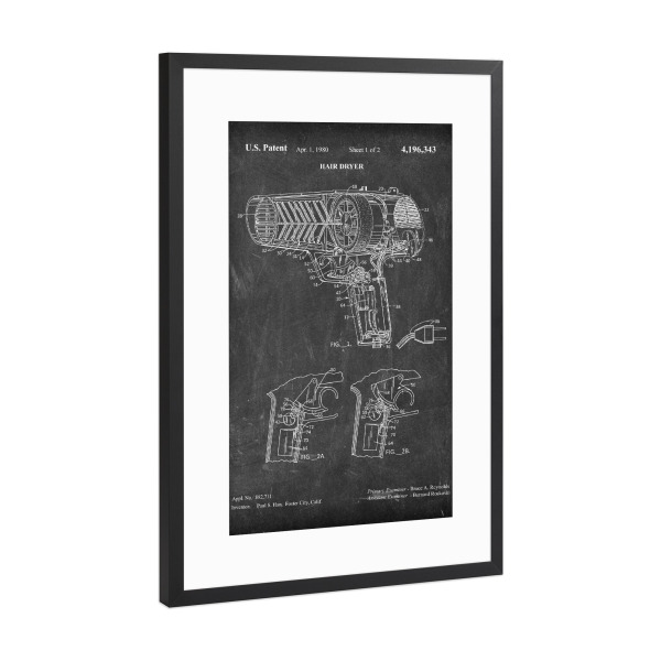 Poster mit Rahmen Schwarz (Metallic) "Fön Patent (Tafel)" artboxONE - Schwarzweiß,Fashion